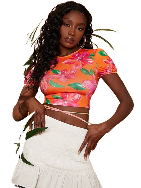 

floral print crisscross tie back puff sleeve crop tee m1oe#, White