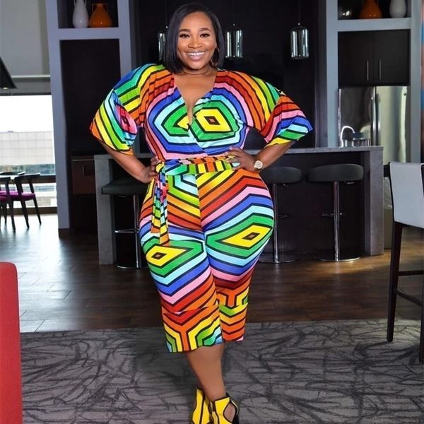 

plus size women vneck half sleeve geometric print with sashes calflength jumpsuits niglub party jumpsuits dm029 y200425, Black;white