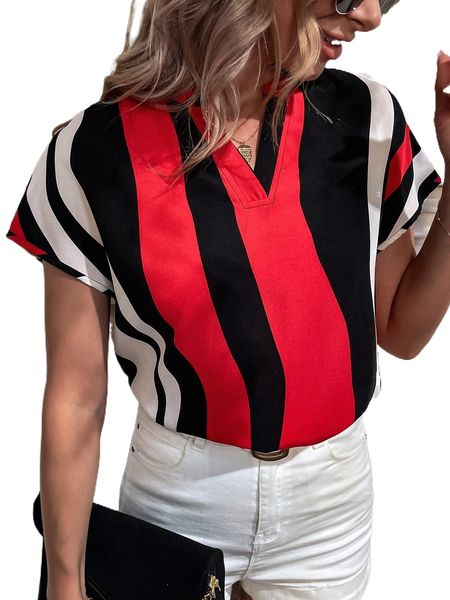 

colorblock notched neckline batwing sleeve blouse u2kf#, White