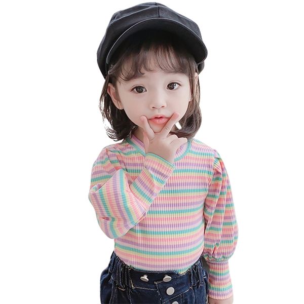 

toddler t-shirts for girls rainbow stirped girls tshirt puff sleeve t shirt kids casual style child girl clothes 210412, White;black