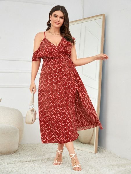 

plus confetti heart print asymmetrical neck wrap knot side dress v9kp#, Black