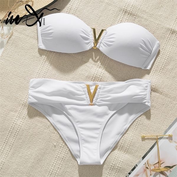 

in x push up swimsuit female v neck bikini bandeau swimwear women strapless biquini metal bathing suit two piece suits 210319, White;black