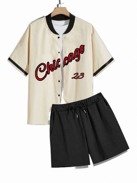 

men letter graphic baseball collar shirt & shorts without tee u4rd#, Gray