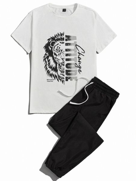 

men letter & lion graphic tee & drawstring waist pants set 34of#, Gray