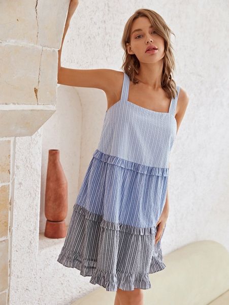 

striped pattern ruffle trim dress j2wa#, Black;gray