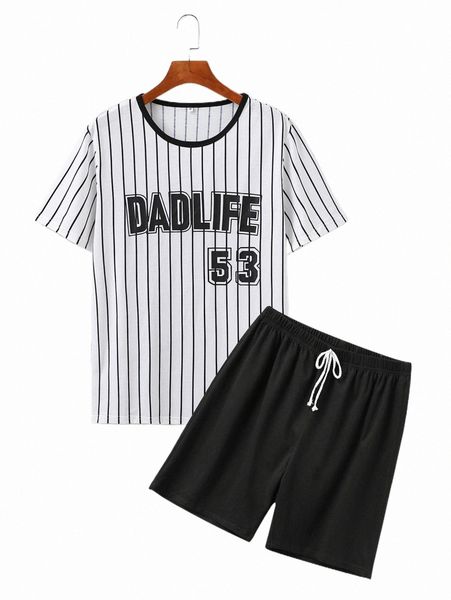 

men striped & letter graphic tee & drawstring shorts y6h0#, Gray