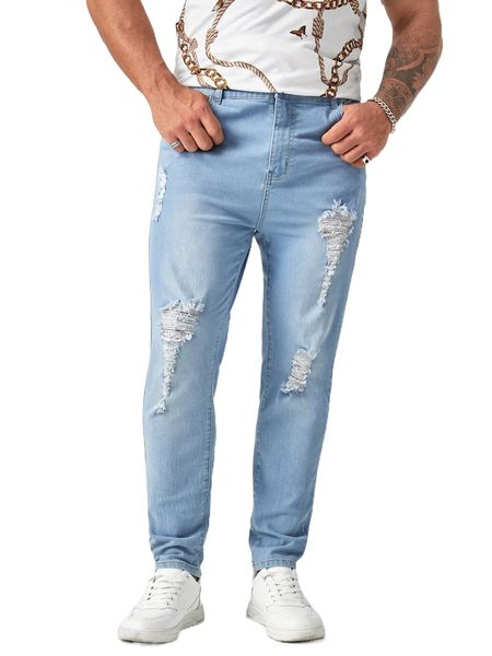 

extended sizes men bleach wash ripped frayed straight leg jeans 07fz#, Blue