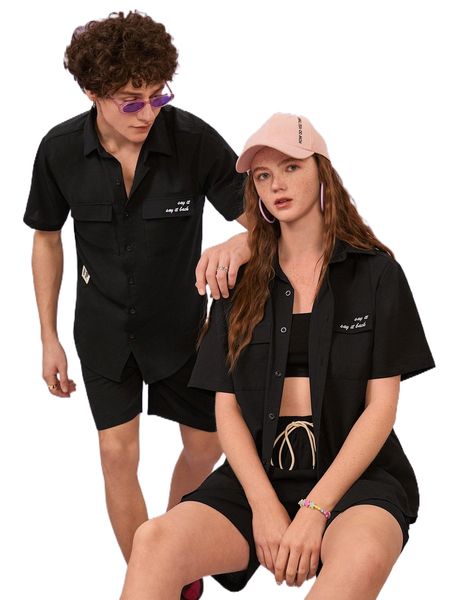 

1pc letter patched one pocket front shirt & 1pc shorts z7aa#, Gray