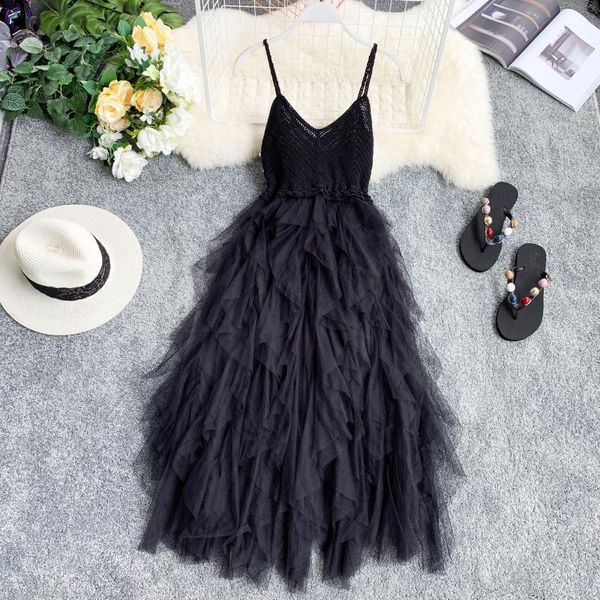 Günlük Elbiseler 2022 Yaz Kolsuz Sling Gazlı Bez Dantel Tül Elbise Kadın Tunik Temel Uzun Örgü Pembe Siyah Seksi Vintage L02