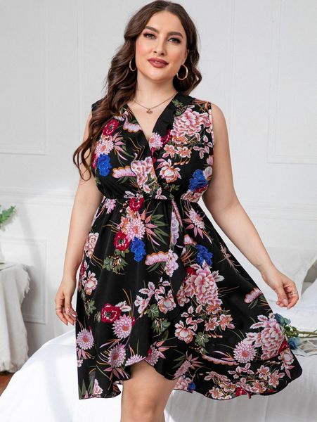 

plus floral print overlap collar ruffle trim dress f2bf#, Black