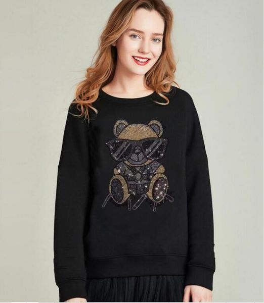 

new designer women rhinestone hoodies o-neck sweatshirt female, Black
