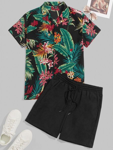 

men tropical print button front & drawstring waist shorts j0e3#, Gray