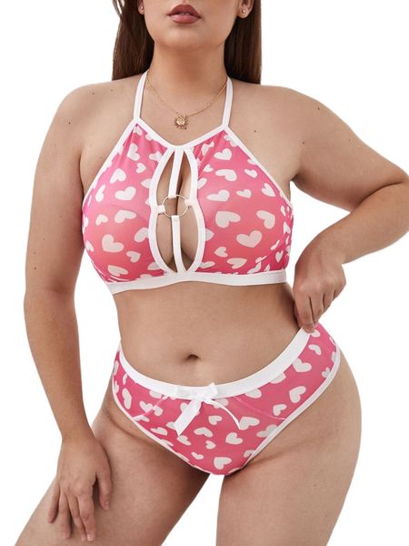 

plus heart print ring linked lingerie set k2s0#, Black;white