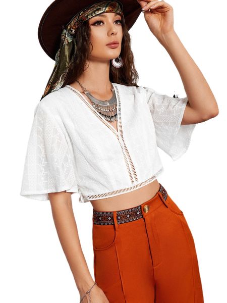 

hollow out flutter sleeve crop blouse i6d2#, White