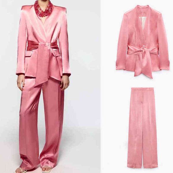 

za women silk satin textured suit with belt and wide leg pants set fashionable v-neck long sleeve slim fit jacket street style t220729, Gray