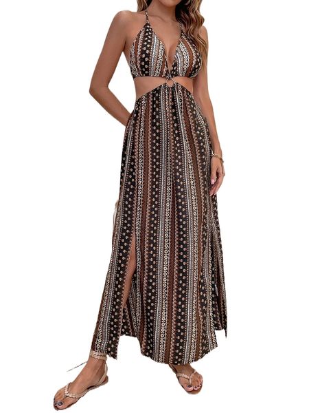 

geo print o-ring cut out tie backless split thigh halter dress q6ic#, Black;gray