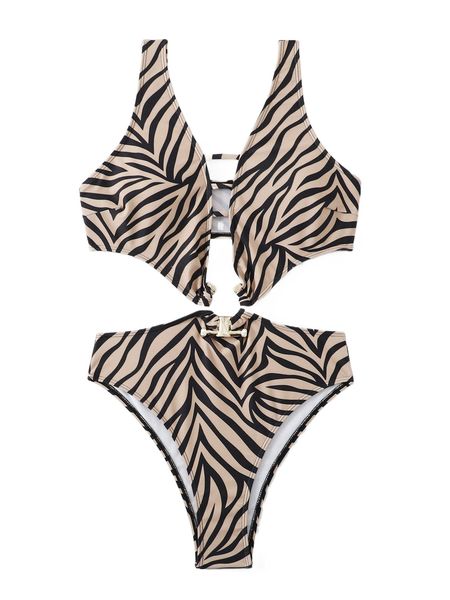

random zebra stripe print ring linked one piece swimsuit w4wg#, White;black