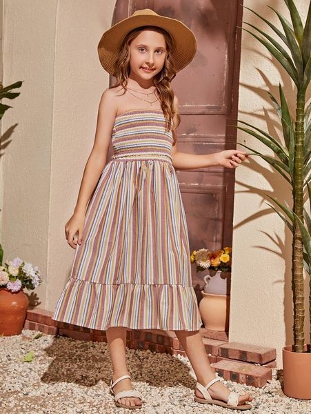 

girls colorful striped shirred tube & ruffle hem skirt she, White