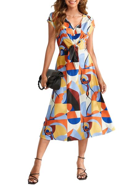 

geo print knot front a-line dress h7aq#, Black;gray