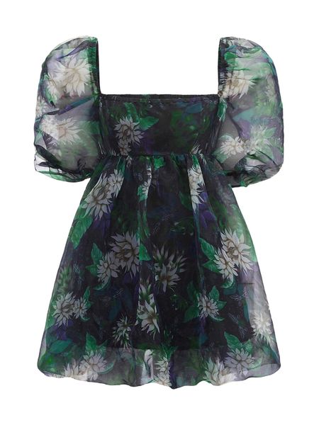 

floral print puff sleeve organza dress s45q#, Black;gray