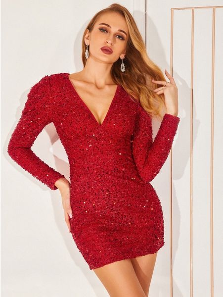 

double crazy plunging neck gigot sleeve sequin bodycon dress h7e5#, Black;gray