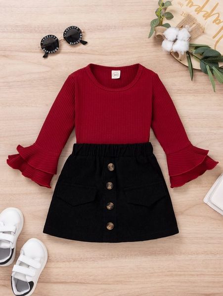 

toddler girls flounce sleeve tee & fake button skirt she01, White