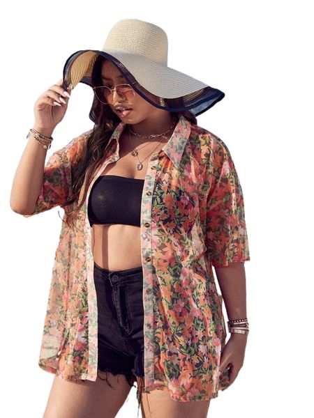 

plus allover floral print drop shoulder blouse without tube e57q#, Black