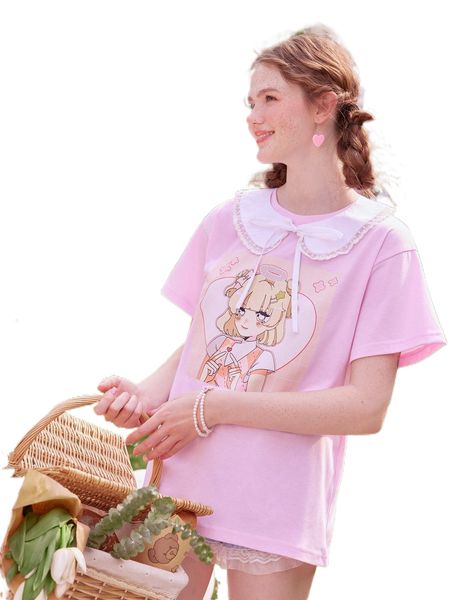 

romwe x cherry cartoon figure graphic tee & collar v9jk#, White