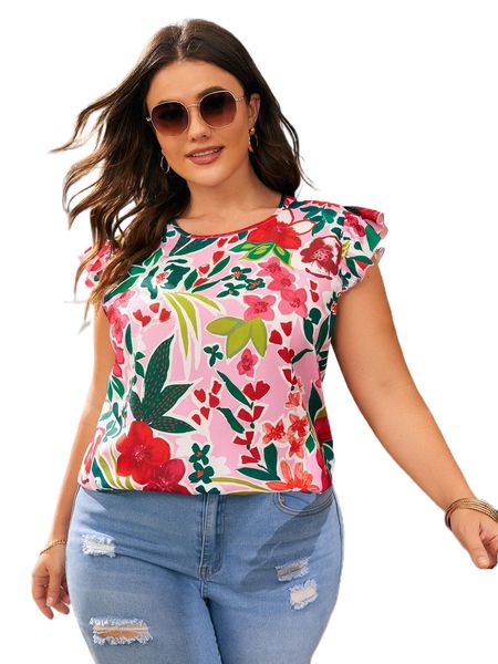 

plus floral print ruffle trim j7oz#, Black