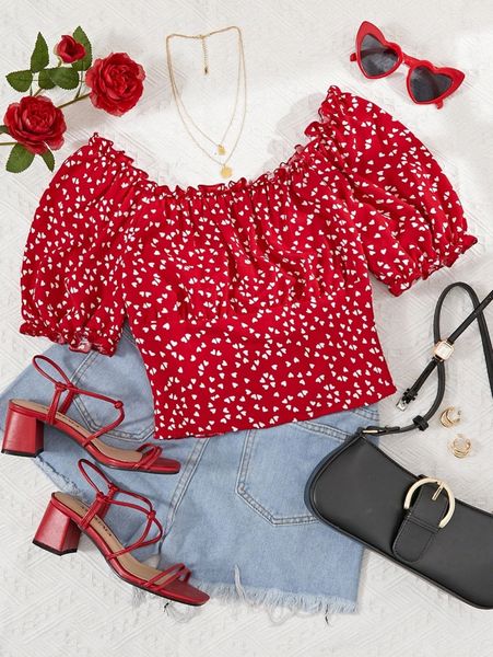 

confetti heart print puff sleeve frilled shirred back blouse s8ev#, White