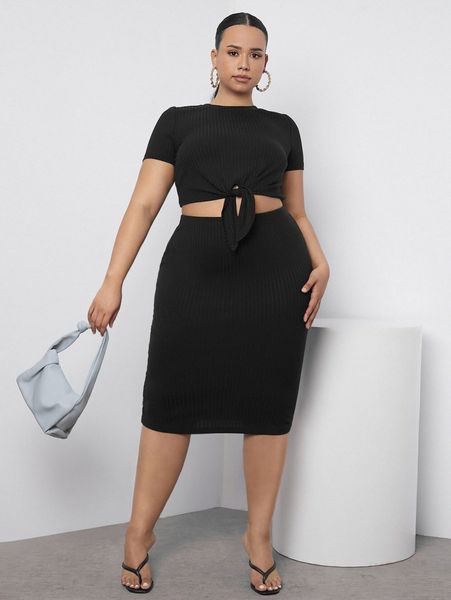 

plus tie hem tee & pencil skirt n2e6#, Black