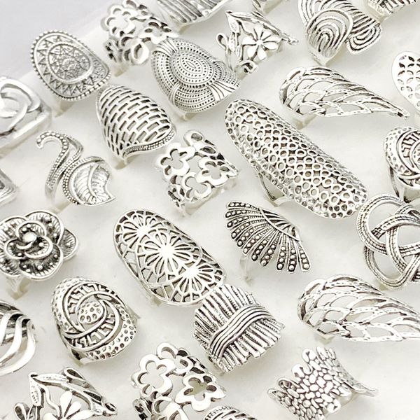 

wholesale 20pcs silver plated carved flower vintage band rings mix style charm jewelry for women size 17-21mm mix