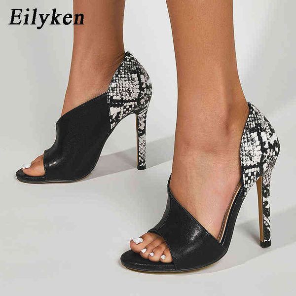 Sandálias Eilyken Verão Gladiador Mulheres Moda Black Snake Printi Stiletto Saltos Sexy Open Toe Slip-on Party Stripper Sapatos 220317
