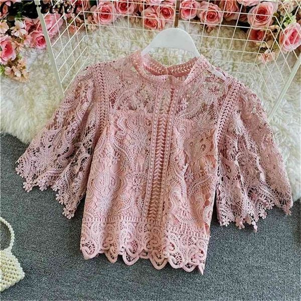 

summer women clothes mujer de moda chic hollow out blouse sweet lace short shirt 210602, White