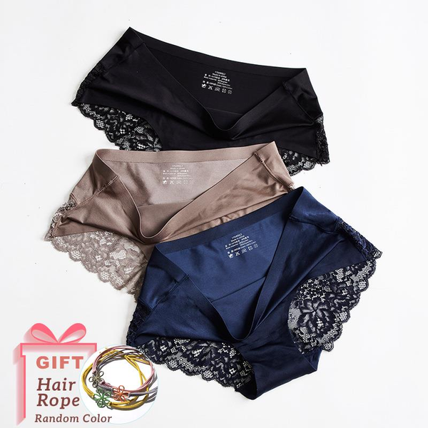 

whpc 3pcs lot lace womens panties sets big size seamless underwear female silk briefs underpants lady panty woman lingerie, Black;pink