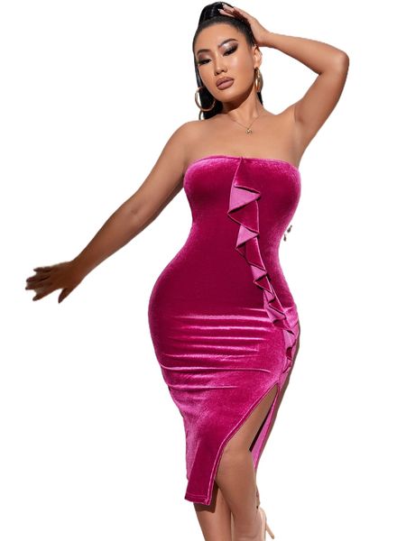

sxy ruffle trim draped split thigh velvet tube dress 83x8#, Black;gray