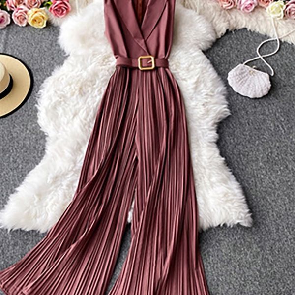 

vintage notched collar draped rompers for women casual sleeveless high waist wide leg playsuits female beigegreen jumpsuit 220713, Black;white