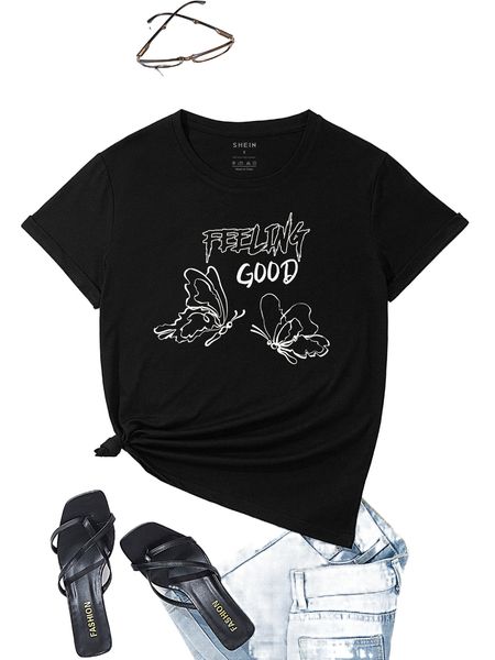 

letter & butterfly print tee 85fl#, White