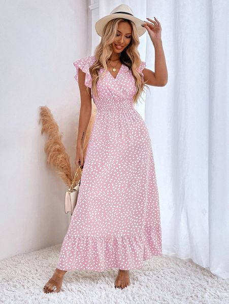 

allover print ruffle trim shirred waist dress t73r#, Black;gray