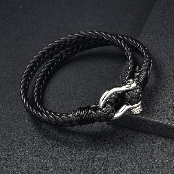 Charm-Armbänder aus Edelstahl im Freien, Camping, Sport-Stil, geometrischer Kreis, Knebelverschlüsse, Herren-Armband aus gewebtem Leder, doppellagig