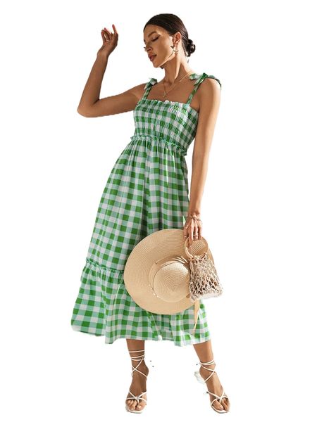 

gingham print knot shoulder ruffle hem slip dress c6b1#, Black;gray