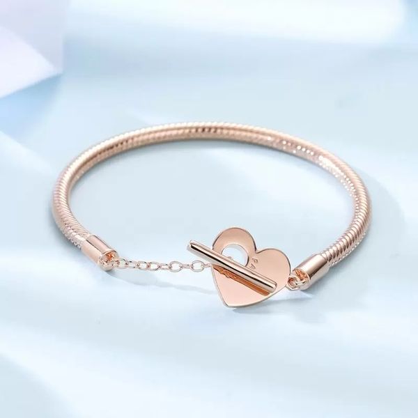 

rose color moments heart t-bar snake chain bracelets 925 sterling silver bracelets women charm beads sets for pandora with logo ale bangle b, Golden;silver
