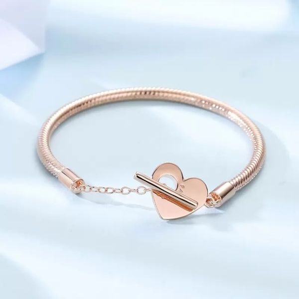 Rose Color Moments Heart T-Bar Snake Chain Браслеты Браслеты из стерлингового серебра 925 пробы Женские бусы с подвесками для пандоры с логотипом ale Браслет Подарок на день рождения 589285C00