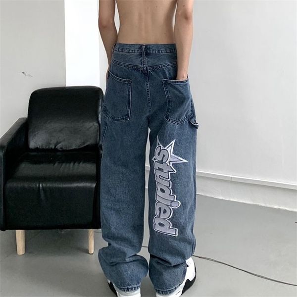 Autumn Streetwear Retro Hiphop Letter Bordado Jeans LOLHOS Pantagens linhas wieleg Para homens e mulheres Casais 220810