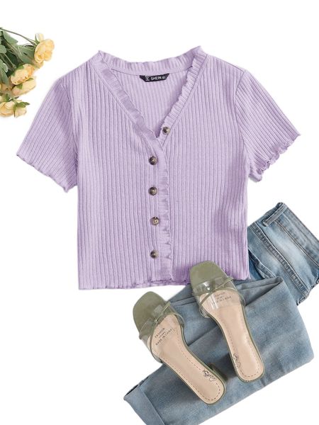 

button front lettuce trim rib-knit tee i16e#, White