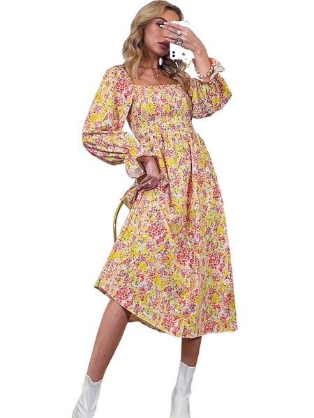 

allover floral shirred bodice dress y74k#, Black;gray