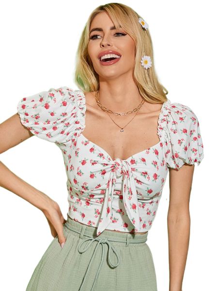 

floral print knot front puff sleeve tee s6q4#, White