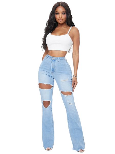 

sxy high waist ripped raw hem jeans u85m#, Blue