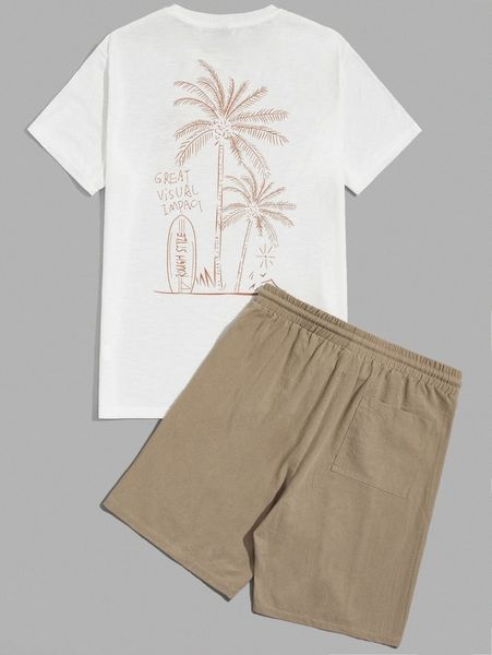 

men letter & palm tree print tee & drawstring waist shorts c5si#, Gray