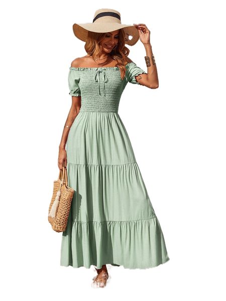 

off shoulder shirred lace up ruffle hem dress w6bq#, Black;gray